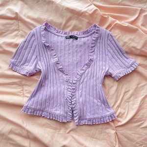 zara light purple cropped ribbed ruffle top